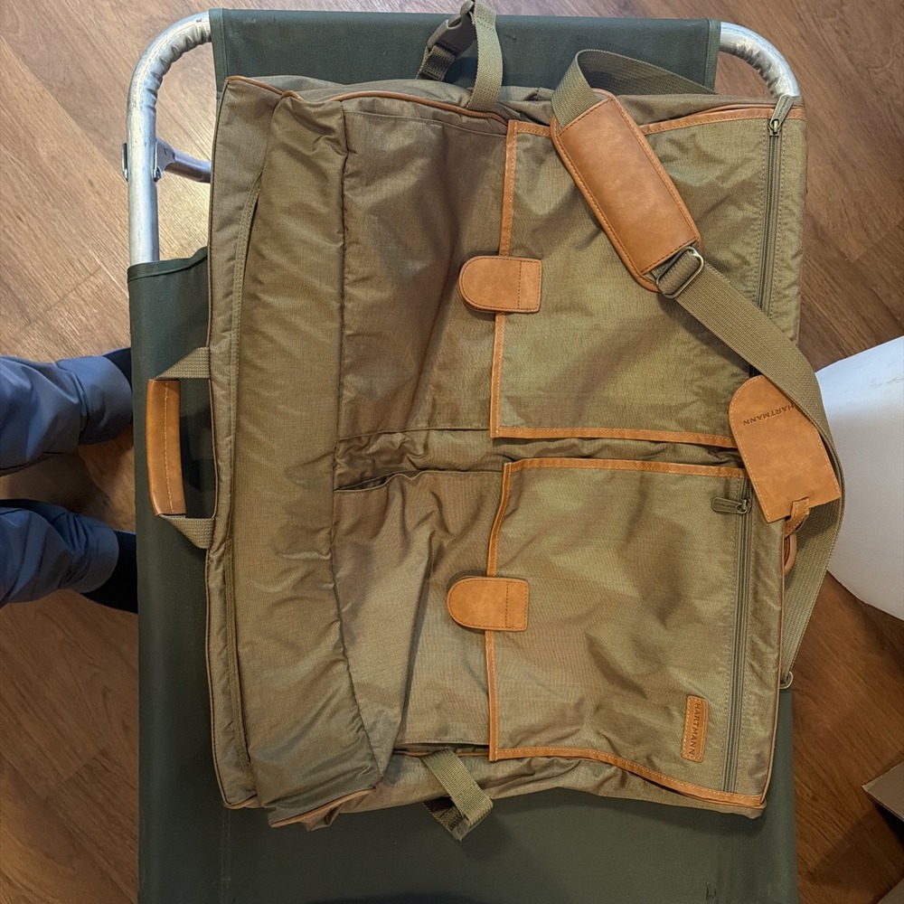 Vintage Hartmann Olive Green/Tan Large Garment Travel Bag W/ Strap- Leather Trim